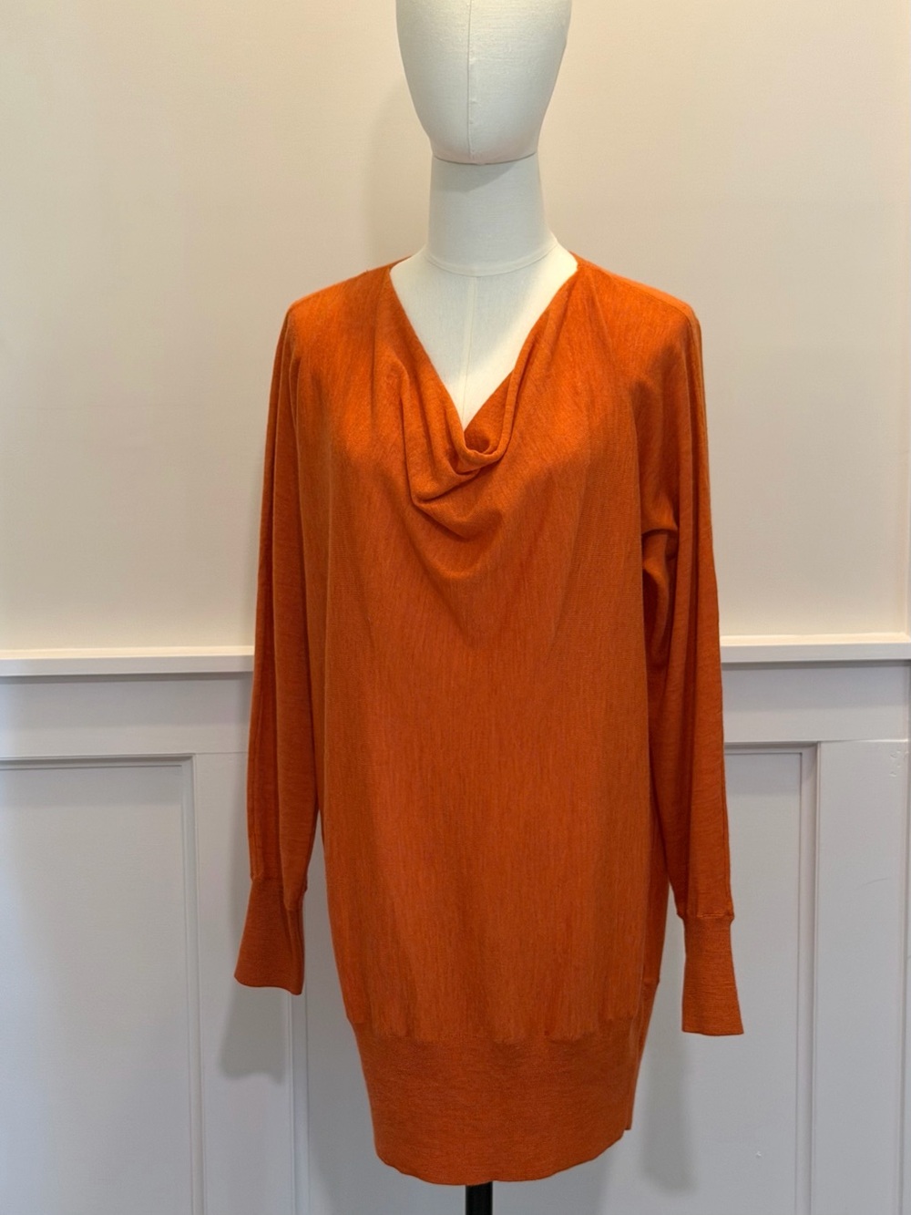 Talbots Womens L 100% Merino Wool Cowl Neck Tunic Sweater Burnt Orange Long